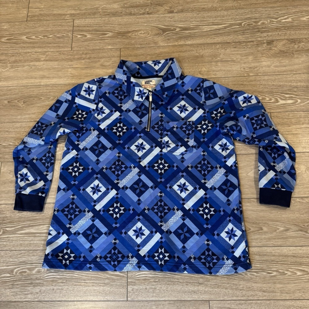 Lands' End 1X Vtg‎ 90s Patchwork granny square 1/4 Zip Sweatshirt Blue Grandma